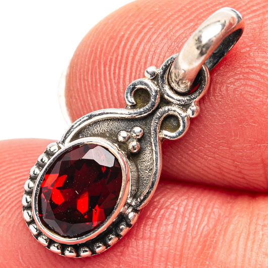 Garnet pendant in .925 sterling silver, oval red gemstone with ornate beaded setting