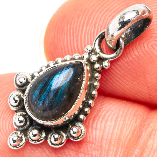 Sterling silver labradorite pendant with oval stone, blue flash, ornate beaded frame