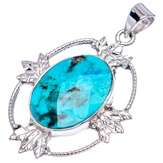 Turquoise oval gemstone pendant, .925 sterling silver ornate frame and hanging bail