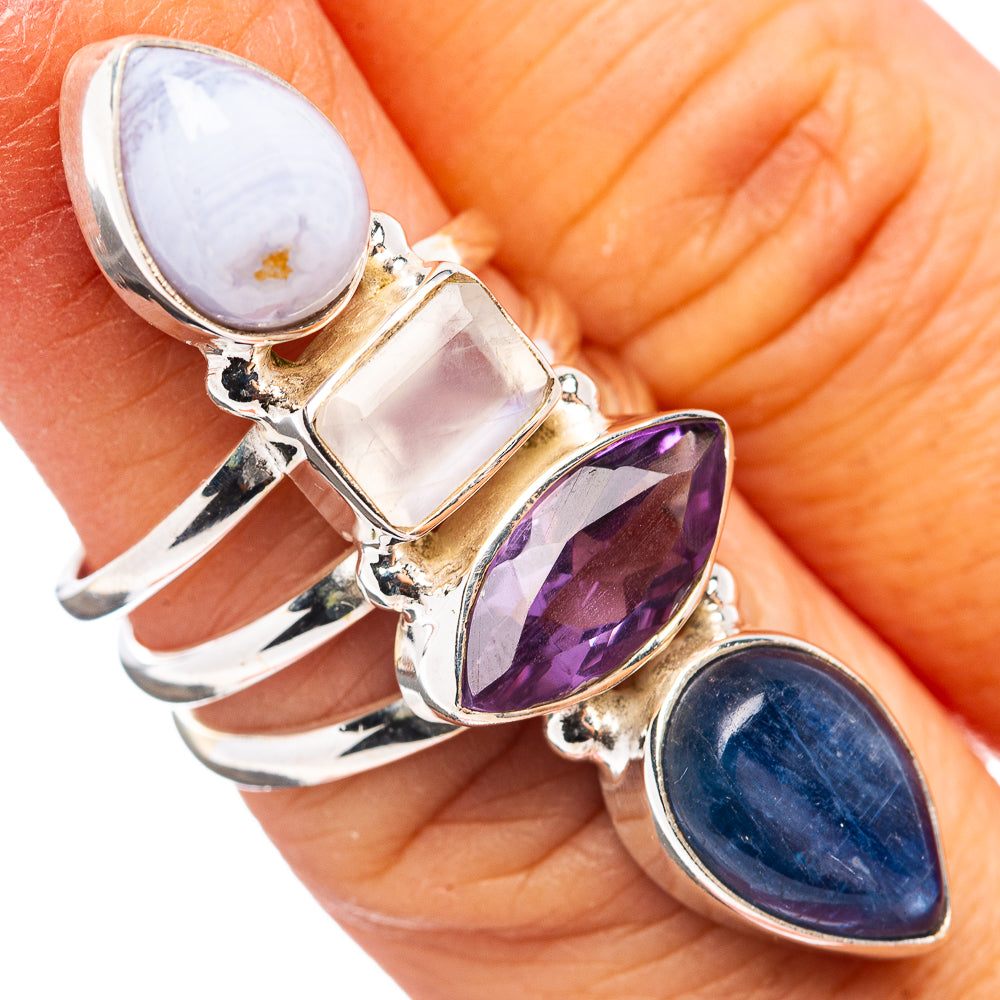 Premium 4-Gem Kyanite, Amethyst, Rainbow Moonstone, Blue Lace Agate Ring Size 5.75 (.925 Sterling Silver)
