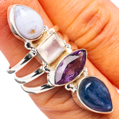 Premium 4-Gem Kyanite, Amethyst, Rainbow Moonstone, Blue Lace Agate Ring Size 5.75 (.925 Sterling Silver)
