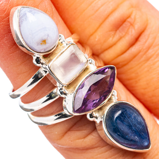 Sterling silver gemstone ring with oval moonstone, amethyst, and blue lace agate
