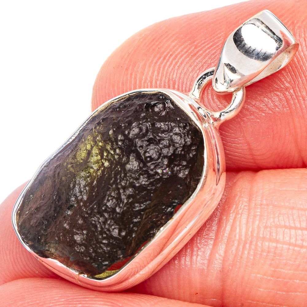 Sterling silver moldavite pendant with rough dark green teardrop stone