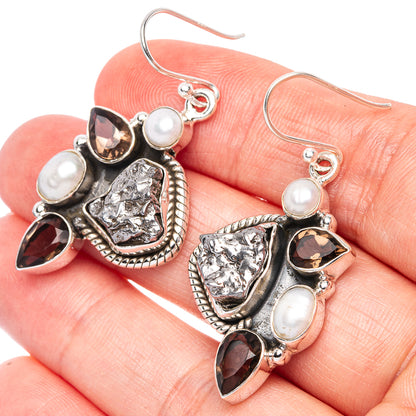 Premium Campo del Cielo Meteorite, Smoky Quartz, Cultured Pearl Earrings 1 3/4" (925 Sterling Silver) E1296