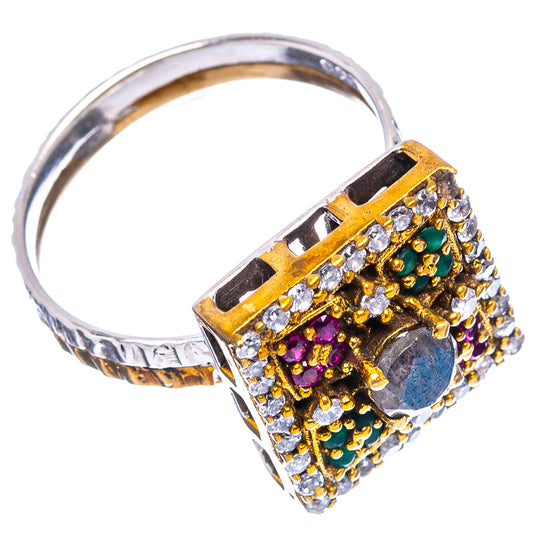 Sterling silver ring with square setting, labradorite and multicolor cubic zirconia details