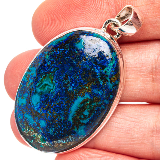 Sterling silver pendant with oval azurite malachite stone, blue-green, top bail