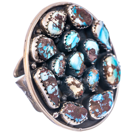 Adjustable silver ring with turquoise cabochon cluster and scalloped bezel