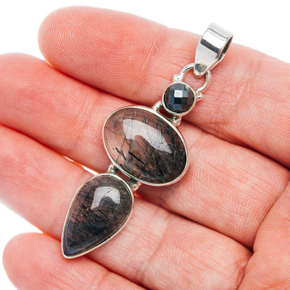 Premium Tourmalinated Quartz, Hematite Pendant 2 1/4" (.925 Sterling Silver)