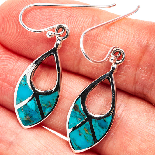 Turquoise teardrop drop earrings in .925 sterling silver, hooked with turquoise inlay
