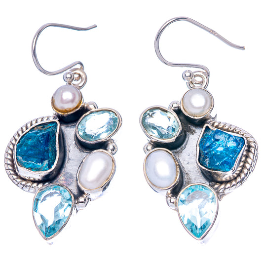 Premium Blue Fluorite, Blue Topaz, Cultured Pearl Earrings 1 5/8" (925 Sterling Silver) E1600