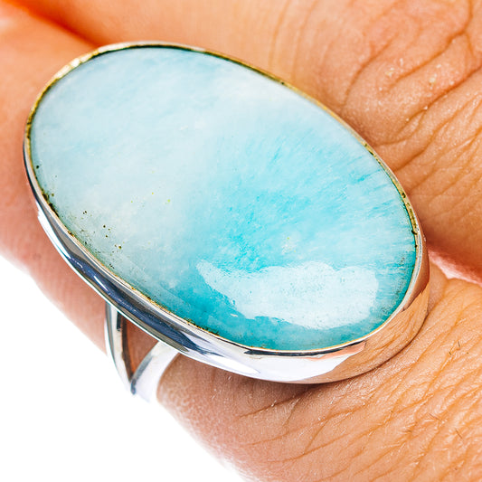 Oval blue aragonite ring with .925 sterling silver bezel, oval stone close-up