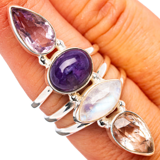 Sterling silver gemstone ring with oval amethyst, moonstone, and teardrop clear accents