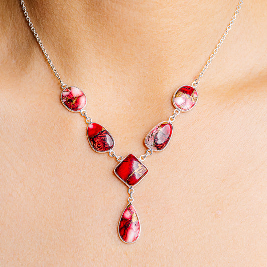 925 sterling silver pendant necklace with red teardrop gemstones and link chain