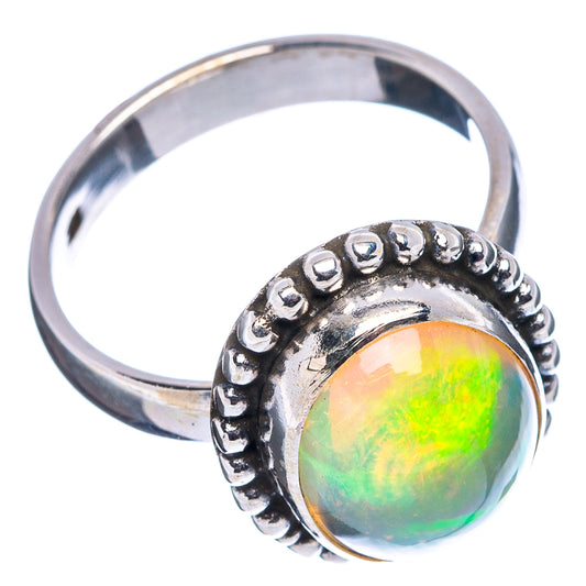 Round multicolor opal ring in .925 sterling silver, beaded bezel, size 6.5