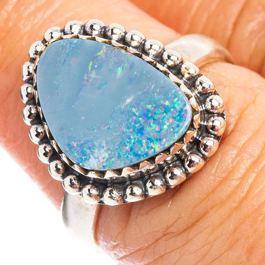 Blue opal doublet ring in .925 sterling silver with bead border, size 6.5