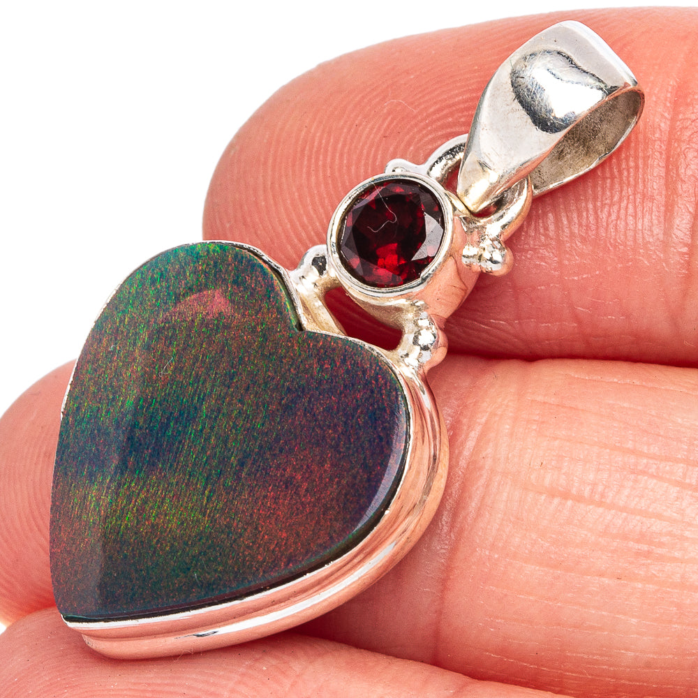 Rare Sterling Opal Heart, Garnet Pendant 1 3/8" (925 Sterling Silver) P40455