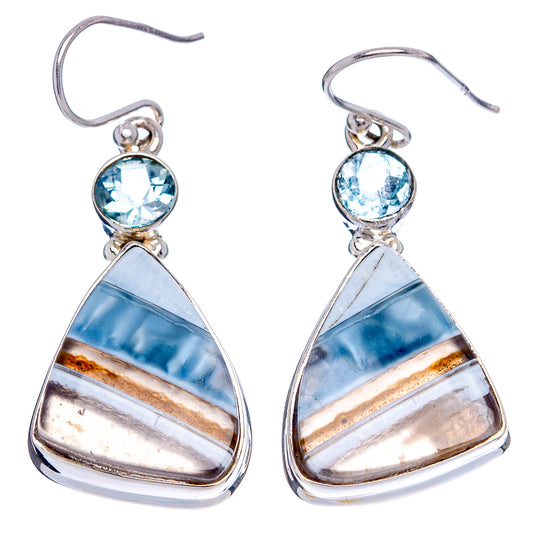 Sterling silver hook earrings with round blue gemstone and blue striped triangular drops