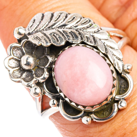 Pink opal sterling silver ring with leaf and flower filigree, oval pink stone