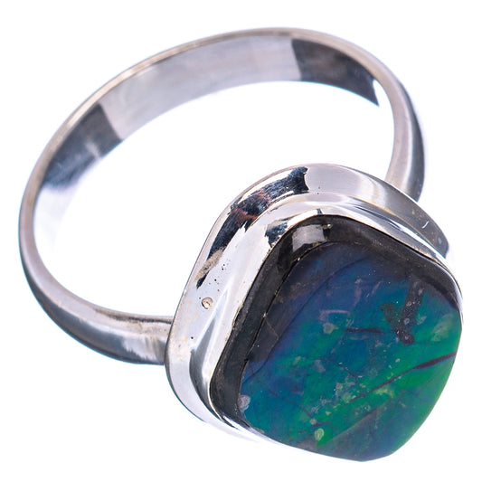 Sterling silver ring with oval blue-green ammolite gemstone and polished band