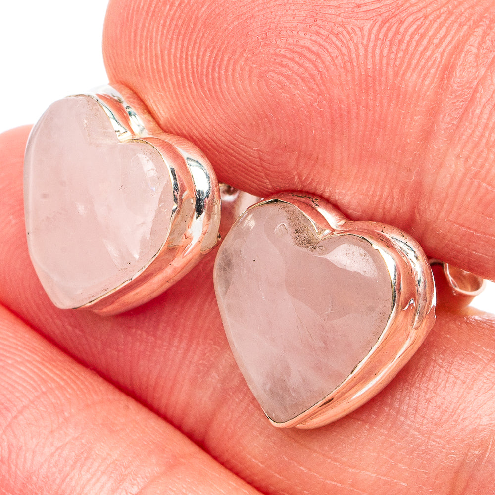 Rose quartz heart earrings in .925 sterling silver, polished pink stones