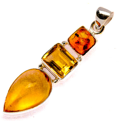 925 sterling silver amber-citrine pendant with amber teardrop, two faceted square stones, bail