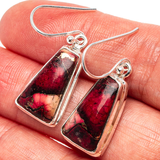 Red and pink marbled stone drop earrings with sterling silver frames and hook backs