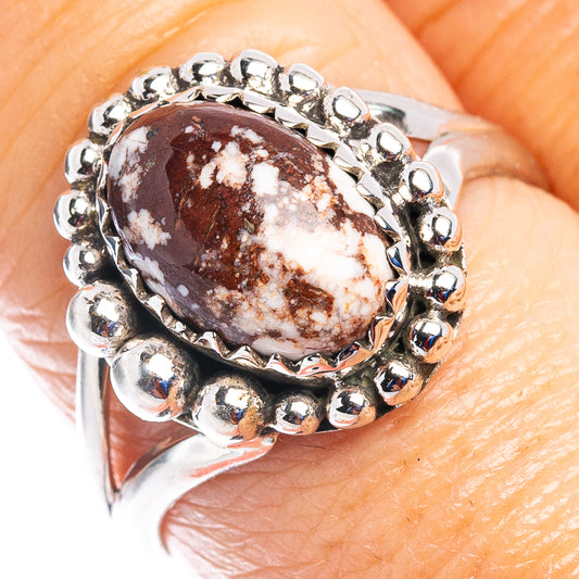Wild Horse Jasper ring close-up: marbled oval brown cabochon, beaded sterling silver bezel