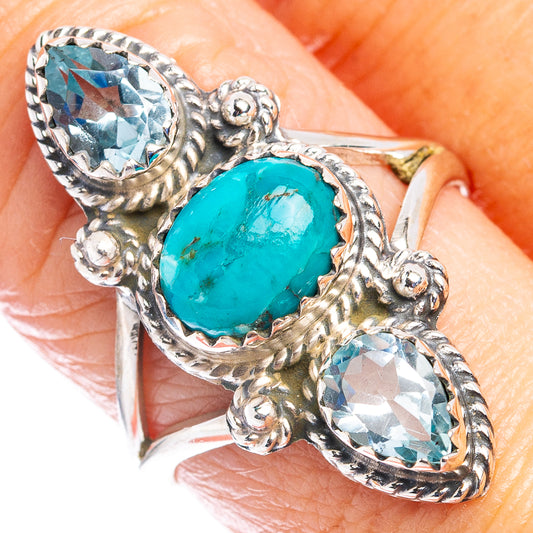 Turquoise and blue topaz gemstone ring in .925 sterling silver, size 8.5