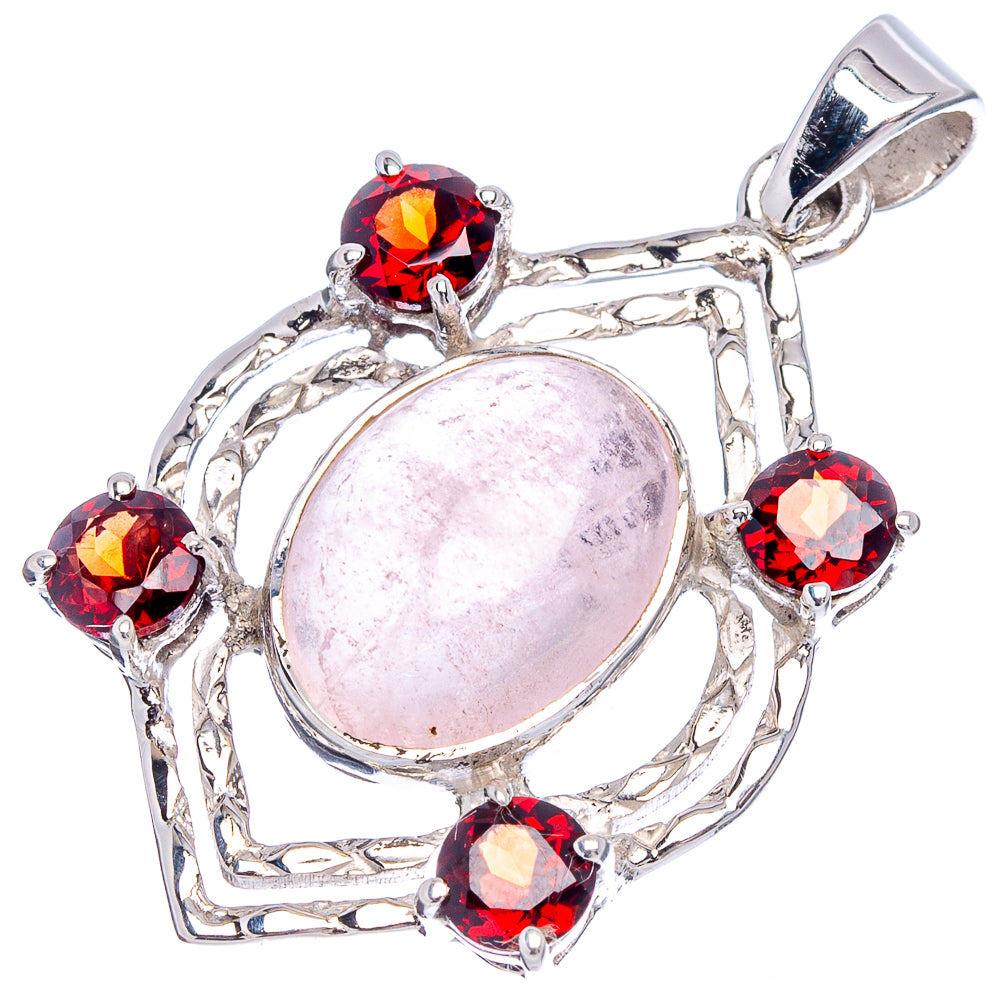 925 sterling silver pendant, oval pink center stone with red garnet accents