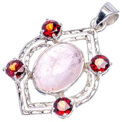 925 sterling silver pendant, oval pink center stone with red garnet accents