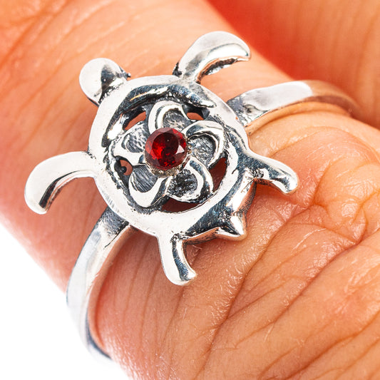 925 sterling silver sea turtle dainty ring with round garnet-red gemstone and claws