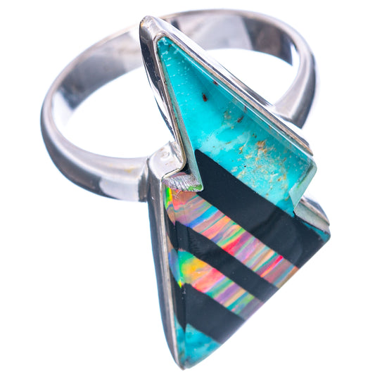 Sterling silver opal bolt ring, turquoise center stone with black striped iridescent inlay