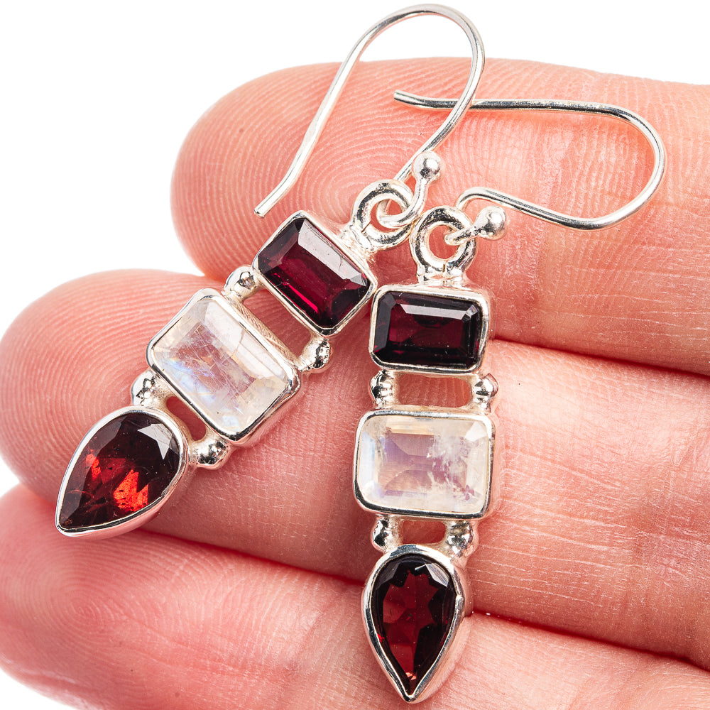 Rainbow Moonstone, Garnet Earrings 1 1/2" (925 Sterling Silver) E432452