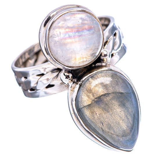 Sterling silver gemstone ring with iridescent white moonstone and gray-blue labradorite