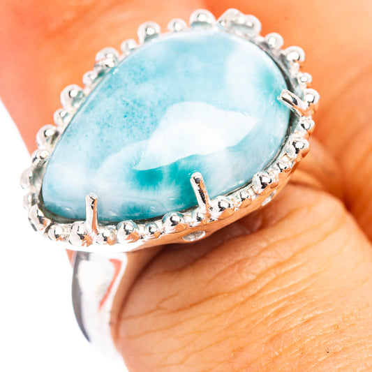 Sterling silver larimar ring with oval blue stone and ornate beaded prong setting