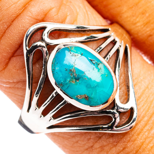 Native Style Mohave turquoise oval cabochon silver ring with ornate bezel and prong setting