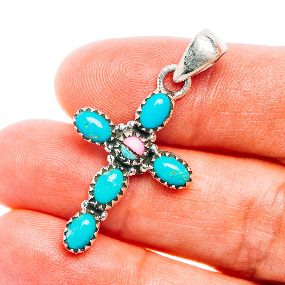 Southwestern Style Kingman Turquoise Cross, Cotton Candy Turquoise Pendant 1 5/8" (.925 Sterling Silver)