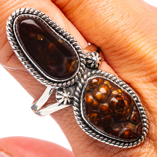 Sterling silver double-oval agate ring with dark maroon and amber mottled stones