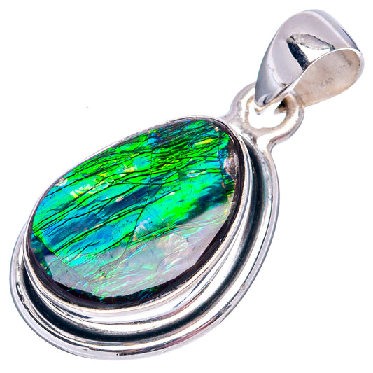 Sterling silver ammolite pendant with teardrop green iridescent stone in oval bezel