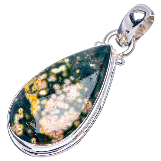 Teardrop ocean jasper pendant with .925 sterling silver bail and bezel, mottled dark green