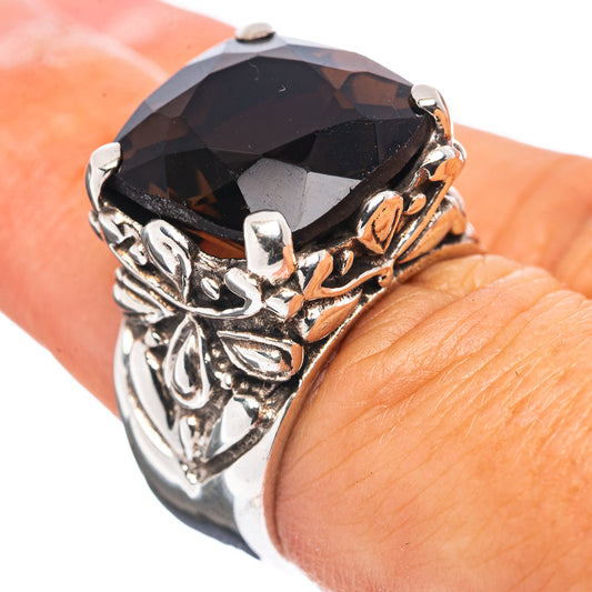 Smoky quartz ring in .925 sterling silver with dark faceted stone centerpiece