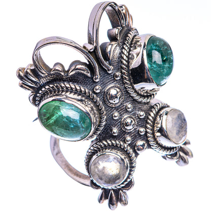 Large Green Tourmaline, Rainbow Moonstone 925 Sterling Silver Ring Size 6