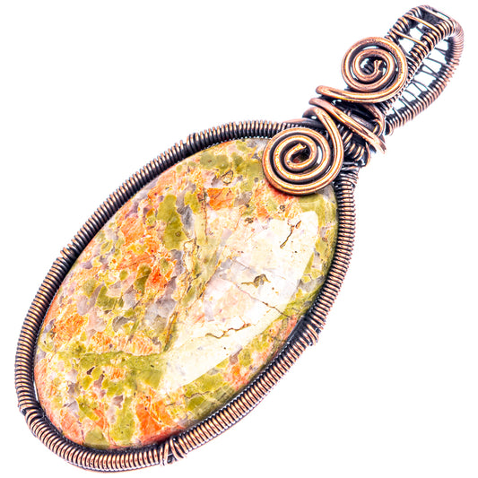 Unakite wire-wrapped teardrop pendant with oxidized copper spiral wire frame