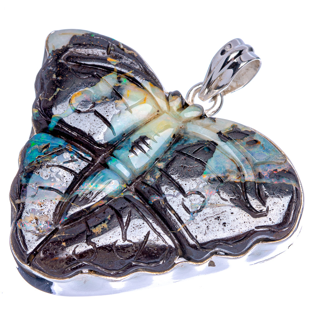 Large opal butterfly pendant with dark base, blue/yellow iridescent wings, silver bail