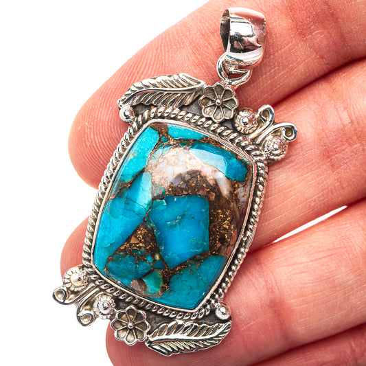 Premium Southwestern Style Blue Copper Turquoise Pendant 1 7/8" (.925 Sterling Silver)