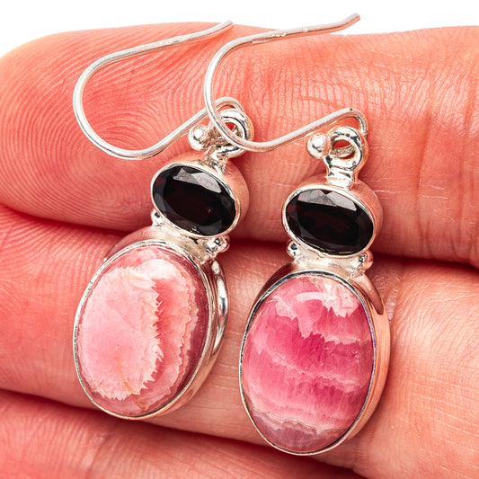 Sterling silver oval drop earrings with faceted dark garnet and pink rhodochrosite cabochons