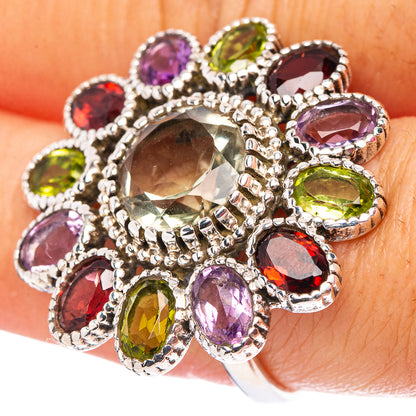 Green Amethyst, Amethyst, Peridot, Garnet Flower Ring Size 8 (.925 Sterling Silver)