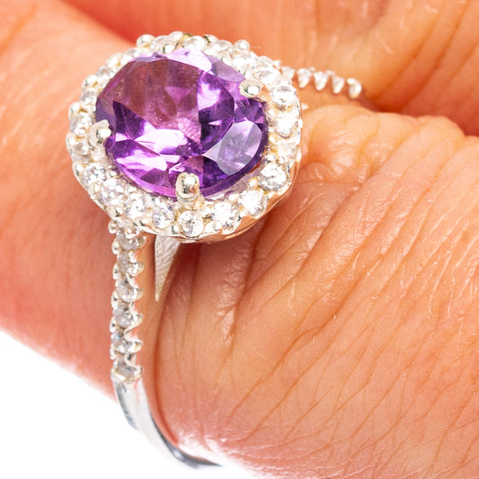 Oval amethyst cubic zirconia halo ring on sterling silver band, size 7