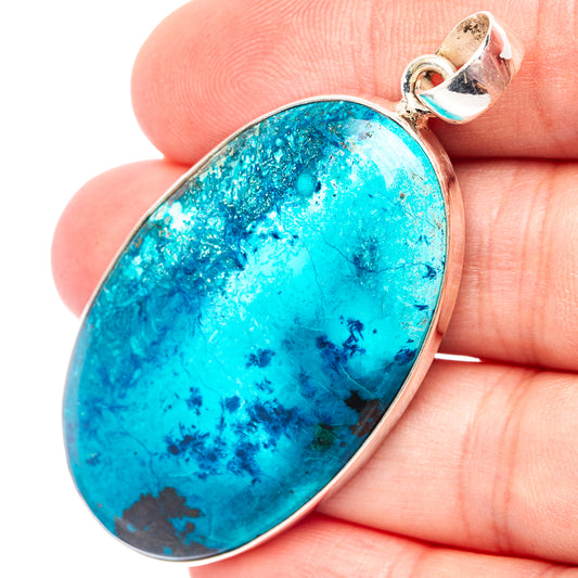 925 sterling silver Shattuckite teardrop pendant with turquoise-blue bezel-set stone