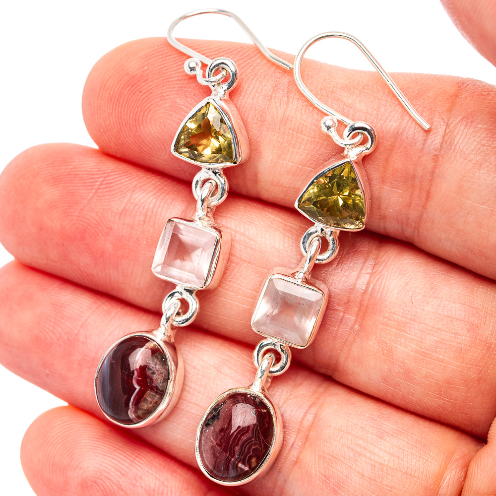 Premium Crazy Lace Agate, Rose Quartz, Lemon Quartz Earrings 2 1/8" (.925 Sterling Silver)